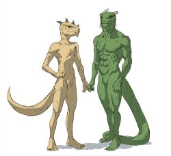 anthro argonian bethesda_softworks broken_horn digital_media_(artwork) duo green_body green_scales hand_holding hi_res horn male male/male muscular nude reptile romantic romantic_couple scales scalie scar scuotivento simple_background skyrim slim slit the_elder_scrolls video_games whip_mark white_background yellow_body yellow_scales