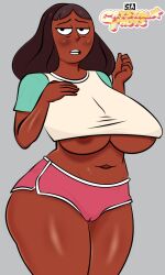 1girls alternate_outfit ass athletic_shorts big_ass big_breasts blush blushing blushing_at_viewer booty_shorts breasts brown_hair bubble_butt cartoon_network clothing coldarsenal crystal_thots dark-skinned_female dark_skin dolphin_shorts fat_ass female female_only huge_ass huge_breasts human human_only large_ass large_breasts long_hair milf pink_shorts priyanka_maheswaran shorts small_clothes solo sportswear steven_universe t-shirt thick_ass thick_thighs thighs underboob voluptuous wide_hips