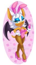 2021 5_fingers anthro bat big_breasts blue_eyes breasts chiropteran clothed clothing costume easter_egg fake_ears fake_rabbit_ears female fishnet_legwear footwear gloves high_heels legwear looking_at_viewer metalpandora playboy_bunny rouge_the_bat sega smile solo sonic_(series) sonic_the_hedgehog_(series) strapless_leotard tan_body tan_fur teenage_girl teenager two_tone_body watermark white_hair