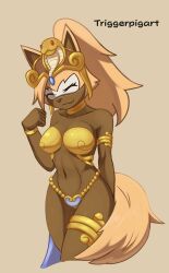 2022 anthro belly_dancer blonde_hair breasts brown_body canid canine canis closed_eyes cosplay crossover crossover_cosplay female harem_outfit hi_res idw_comics idw_publishing looking_at_viewer mobian_(species) ponytail sega shantae simple_background smile solo sonic_(series) sonic_the_hedgehog_(comics) sonic_the_hedgehog_(idw) sonic_the_hedgehog_(series) triggerpigart whisper_the_wolf wolf