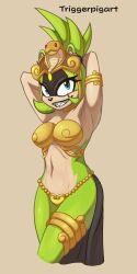 2022 afrosoricid anthro armpits belly_dancer blonde_hair breasts closed_eyes cosplay crossover crossover_cosplay female green_body harem_outfit hi_res idw_comics idw_publishing looking_at_viewer mobian_(species) sega shantae simple_background smile solo sonic_(series) sonic_the_hedgehog_(comics) sonic_the_hedgehog_(idw) sonic_the_hedgehog_(series) surge_the_tenrec tenrec triggerpigart