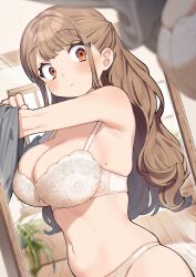 1girls :< armpits bangs beauty_mark belly big_breasts blurry blurry_foreground blush bra breasts brown_hair cleavage closed_mouth clothed female highres indoors kodama's_elder_sister_(sakura_yuki) large_breasts light-skinned_female light_skin long_hair looking_at_mirror mirror mole mole_on_breast narrowed_eyes navel orange_eyes original panties plant plump potted_plant reflection sakura_yuki_(clochette) solo stomach sweat underwear undressing white_bra white_panties window