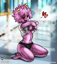 1girls bimbo black_sclera blush color dichrome edit heart horns kneeling lifted_shirt looking_to_the_side machine_54 mina_ashido my_hero_academia open_mouth panties pink_hair pink_skin schoolgirl smile teenager underboob underwear white_shirt yellow_eyes