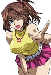 bent_over blue_eyes breasts brown_hair daraz18aka female hanging_breasts huge_breasts necklace open_smile pointing_at_viewer ponytail short_hair short_skirt studded_belt tea_gardner thick_thighs tight_clothing white_background wink yu-gi-oh!