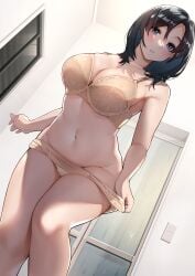 1girls absurd_res bathroom belly black_hair blue_eyes blush bra breasts cleavage female female_focus from_below highres indoors large_breasts lingerie looking_at_viewer mature_female milf navel original original_character panties sakuranotomoruhie thighs undressing wife