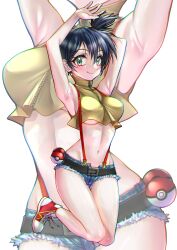 1girls armpits ass asymmetrical_hair belt black_hair blush breasts creatures_(company) denim denim_shorts female game_freak green_eyes highres huge_ass kasumi_(pokemon) large_breasts legs navel nintendo nipples poke_ball pokemon pokemon:_the_electric_tale_of_pikachu ponytail revision shirt shoes shorts side_ponytail sneakers solo suspenders sweat sweatdrop swimsuit tank_top the_electric_tale_of_pikachu thighs tied_hair underboob wet yellow_shirt zigi