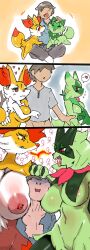 1boy 2girls braixen delphox evolution female fennekin ffm floragato huge_breasts jealousy male meowscarada multiple_girls nipples omikuro pokémon_(species) pokemon pokemon_(species) pokemon_sv sprigatito