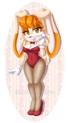 2021 5_fingers anthro big_breasts breasts brown_eyes clothed clothing costume female fishnet_legwear footwear gloves hair high_heels lagomorph legwear looking_at_viewer mature_female metalpandora orange_hair playboy_bunny rabbit sega smile solo sonic_(series) sonic_the_hedgehog_(series) strapless_leotard tan_body tan_fur two_tone_body vanilla_the_rabbit watermark