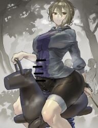 1futa balls bar_censor big_breasts big_penis bike_shorts breasts brown_hair bulge censored clothed clothing erection erection_under_clothes fully_clothed futa_focus futanari grey_hair hood hooded_jacket human impossible_clothes jacket kazo large_penis leash light-skinned_futanari light_skin low-angle_view open_mouth original outdoors park parka-chan_(kazo) penis playground precum precum_through_clothing short_hair sitting solo_focus spring_rider thick_thighs tree wide_hips