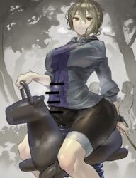 1futa balls bar_censor big_breasts big_penis bike_shorts breasts brown_hair bulge censored clothed clothing erection erection_under_clothes fully_clothed futa_focus futanari grey_hair hood hooded_jacket human impossible_clothes intersex jacket kazo large_penis leash light-skinned_futanari light_skin low-angle_view open_mouth original outdoors park parka-chan_(kazo) penis playground precum precum_through_clothing short_hair sitting solo_focus spring_rider thick_thighs tree wide_hips