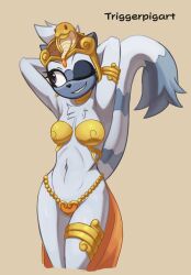 2022 anthro armpits belly_dancer breasts cosplay crossover crossover_cosplay female grey_body harem_outfit hi_res idw_comics idw_publishing lemur looking_at_viewer mobian_(species) one_eye_closed ponytail primate sega shantae simple_background smile solo sonic_(series) sonic_the_hedgehog_(comics) sonic_the_hedgehog_(idw) sonic_the_hedgehog_(series) tangle_the_lemur triggerpigart