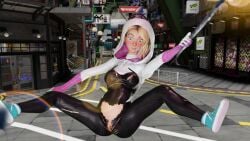 1girls 3d accidental_exposure bing_mario blonde blush embarrassed_nude_female enf female female_only fortnite gwen_stacy marvel marvel_comics ripped_clothes ripped_clothing solo spider-gwen spider-man_(series) spread_legs superheroine wardrobe_malfunction