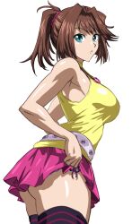 arm_pits ass blue_eyes breasts brown_hair daraz18aka female huge_breasts looking_at_viewer looking_back necklace open_mouth panties ponytail pulling_skirt pulling_up_skirt short_hair short_skirt studded_belt tea_gardner thighhighs white_background yu-gi-oh!