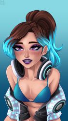 blue_hair bra breasts clothed female fortnite fortnite:_battle_royale freestyle_(fortnite) headphones_around_neck tyrana