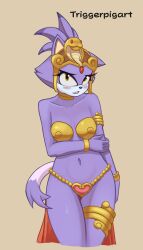 2022 anthro belly_dancer blaze_the_cat blush breasts cosplay crossover crossover_cosplay domestic_cat embarrassed felid feline felis female harem_outfit hi_res looking_at_viewer purple_body sega shantae simple_background solo sonic_(series) sonic_the_hedgehog_(series) triggerpigart