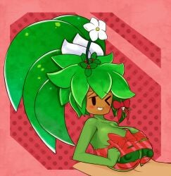 1boy 1girls big_breasts blaster_master blaster_master_zero_2 blush female female_focus fromariels hands_on_breasts human_on_plantie kanna_(blaster_master) leaf_hair living_gift mistletoe mob_face nipples one_eye_closed paizuri penis plant plant_girl plantie ribbon simple_background