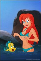 1girls ariel belly_button bikini breasts cartoongirls disney flounder red_eyes standing_in_doorway the_little_mermaid water