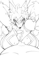 3gs angry anthro armpit_hair armpits breast_play breasts canid canine duo female fox genitals hi_res male male/female mammal mola_(3gs) paizuri penis sex sniffing titjob