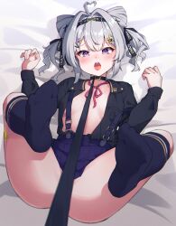 1girls ahe_gao ahoge bandaid_on_leg belt_collar blush collar cone_hair_bun convenient_censoring first_person_view gray_hair grey_hair implied_bottomless leash leash_by_viewer leash_pull legs legs_apart legs_spread legs_up light-skinned_female light_skin long_sleeves looking_at_viewer nijisanji nijisanji_en no_bra open_mouth purple_eyes seion sheets socks solo spread_legs suspenders tongue tongue_out unbuttoned unbuttoned_shirt virtual_youtuber zaion_lanza