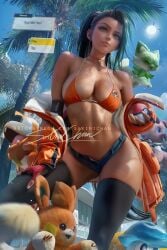 1girls aged_up alternate_version_available bikini_top black_hair breasts brown_skin female fuecoco game_ui hips holding_object large_breasts long_hair midriff nemona_(pokemon) nintendo pawmi pokeball pokemon pokemon_sv quaxly rockruff sakimichan short_shorts shorts slim_waist sprigatito text_box thick_thighs thighhighs thighs wide_hips