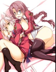 ass black_socks braid breasts cat_ears cat_tail doujinshi_cover emma_millstein fie_claussell friends glasses hugging knee_socks kneehighs kneesocks laying_on_bed nipples pink_hair school_uniform schoolgirl sen_no_kiseki socks thigh_socks thighhighs white_hair