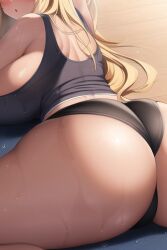 1girls ai_generated ass blonde_hair booty_shorts breasts bubble_butt dumbbell_nan_kilo_moteru? eyes_out_of_frame female gyaru huge_ass huge_breasts long_hair nai_diffusion sakura_hibiki short_shorts shorts slim_waist sports_bra sportswear stable_diffusion sweat sweaty_body tan tan-skinned_female tanned_skin thick_thighs voluptuous wide_hips