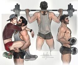 2023 2boys angkis-ayy artist_signature bara bara_tits barazoku beard blush body_hair bulge clothing derek_hale facial_hair gay hairy_chest human male male/male male_nipples male_only male_pubic_hair manly muscular_male mustache no_visible_genitalia stiles_stilinski tattoo teen_wolf tight_clothing yaoi