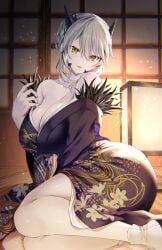 1girls artoria_pendragon artoria_pendragon_(lancer_alter) ass blonde_hair breasts dat_ass emanon123 fate/grand_order fate_(series) female huge_ass huge_breasts kimono light-skinned_female light_skin pale-skinned_female pale_skin yellow_eyes