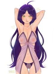 1girls breasts breasts_visible_through_clothing female gaze green_eyes lace lenceria lingerie long_hair petite purple_hair sarunacuso solo_female transparent_clothing