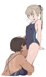 2girls blonde_hair blue_eyes blue_one-piece_swimsuit bow breasts brown_hair commentary_request cunnilingus cunnilingus_through_clothes dark-skinned_female dark_skin hairbow hand_on_another's_head hand_on_another's_leg height_difference high_ponytail highres interracial interracial_yuri kei_(m_k) large_breasts m_k multiple_girls muscular muscular_female one-piece_swimsuit oral original ponytail red_eyes rika_(m_k) school_swimsuit short_hair simple_background size_difference small_breasts sweat sweatdrop swimsuit tall_female tan tanlines white_background yuri