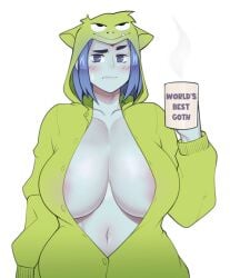 1boy 1girls beast_boy beast_boy_(cosplay) blue_eyes blue_hair blush canon_couple coffee coffee_cup coffee_mug cosplay couple dc dc_comics embarrassed female foxicube garfield_logan goth goth_girl green_pajamas inner_sideboob large_breasts pajamas rachel_roth raven_(dc) short_hair tagme teen_titans wearing_partner's_clothes white_background