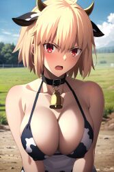 1girls ai_generated arcueid_brunestud bikini blonde_hair collar cow_costume cow_print cow_print_bikini day facing_viewer fate/grand_order fate_(series) female full_body large_breasts looking_at_viewer male_pov nai_diffusion outdoors pov red_eyes short_hair solo squatting stable_diffusion tsukihime