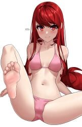 artist_name bikini feet feet_up female foot_fetish kasumi_yoshizawa official_alternate_hairstyle persona persona_5 persona_5_royal petite slender_waist small_breasts smile smiling_at_viewer soles spread_legs spreading_legs sumire_yoshizawa swimsuit thighs toes watermark x_xith_x