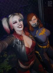 2girls 3d angry barbara_gordon batgirl batgirl_(gotham_knights) batman_(series) dc dc_comics defeated_heroine face_grab female female_only gotham_knights harley_quinn harley_quinn_(injustice) injustice_2 lazper looking_at_viewer selfie smile_at_viewer taped_mouth