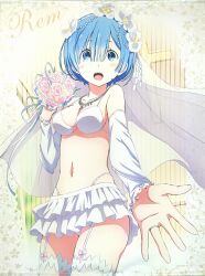 1girls blue_eyes blue_hair blush breasts female female_only flowers human lingerie re:zero_kara_hajimeru_isekai_seikatsu rem_(re:zero) short_hair wedding_dress wedding_ring