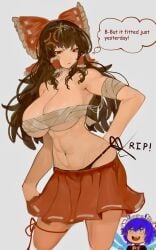 1girls anger_vein barely_clothed big_breasts bow breasts brown_eyes brown_hair chest_wraps cleavage clothing curvy curvy_female english_text hakurei_reimu large_breasts light-skinned_female long_hair miko panties reimu_hakurei sarashi shrinking skirt text thighs thought_bubble tomatolover16 touhou underboob wardrobe_malfunction white_background