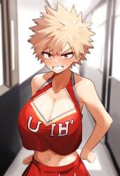 ai_generated angry angry_face bakugou_katsuki boku_no_hero_academia breasts cheerleader cheerleader_outfit cheerleader_uniform female_bakugou gender_transformation genderswap_(mtf) huge_breasts katsuki_bakugou my_hero_academia rule_63 slut slutty_clothing slutty_outfit solo stable_diffusion