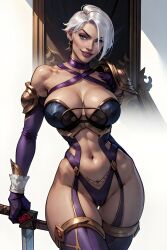 1girls ai_generated breasts cleavage earrings female isabella_valentine large_breasts navel short_hair soul_calibur soul_calibur_vi sword weapon