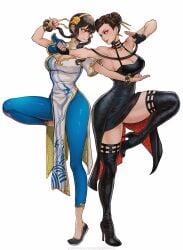 2girls bare_shoulders black_dress black_hair bracelet breasts brown_hair capcom china_dress chinese_clothes chun-li chun-li_(cosplay) cleavage clothing_swap commentary cosplay costume_switch crossover_cosplay double_bun dress earrings english_commentary female female_only fighting_stance flower gloves goes_hard gold_earrings gold_hairband hair_bun hair_ornament hairband highres jewelry large_breasts long_hair magion02 mixed-language_commentary multiple_girls outfit_swap pelvic_curtain red_eyes shueisha sidelocks simple_background smile spy_x_family street_fighter street_fighter_6 thick_thighs thighs thorn_princess two-sided_dress two-sided_fabric white_background yor_briar yor_briar_(cosplay)