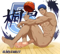 1boy anime aomine_daiki barefoot basketball basketball_(ball) blue_hair completely_naked completely_nude completely_nude_male daiki_aomine dark_skin feet foreskin gay kuroko's_basketball kuroko_no_basuke male male_only male_solo middle_finger muscular muscular_male nude nude_male penis sitting slimy-tablet solo solo_male sweat sweating text uncut yaoi