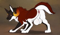 anus ass balls big_balls canid canid_demon canine demon feral fur genitals hellhound hi_res horn looking_at_viewer male mammal presenting presenting_hindquarters q-blackbun raised_tail red_body red_eyes red_fur solo solo_focus tail tirin_(sif)