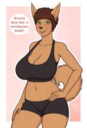 1girls 2022 animal_ears anthro big_breasts blush brown_body brown_hair canine cleavage dialogue english_text exercise female female_only fior_(jimmuarts) green_eyes jimmuarts looking_at_viewer short_hair smiling smiling_at_viewer solo speech_bubble sweat sweatdrop tail talking_to_viewer thick_thighs tomboy workout_clothes