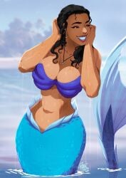 1girls 2023 big_breasts black_hair breasts character_request cleavage earrings female female_focus female_only hi_res in_water long_hair mermaid mermaid_tail narrowed_eyes necklace original original_character shell_bikini smile solo teeth_showing tovio_rogers