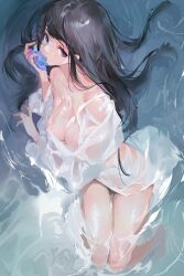 1girls black_hair breasts female flower grandia_(artist) holding_object light-skinned_female looking_at_viewer pale-skinned_female partially_clothed solo solo_female water wet wet_clothes