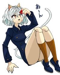 1girls 4_fingers animal_ears artist_request bare_thighs blood blue_shirt breasts buttons cat_ears cat_girl cat_tail chimera_ant claws curly_hair curvy female female_only hourglass_figure humanoid hunter_x_hunter japanese_text neferpitou no_pants orange_eyes pale-skinned_female pale_skin sharp_claws sharp_fingernails sharp_nails shirt shoes short_hair shounen_jump sitting socks solo thick_thighs thin_waist villainess wavy_hair white_background white_hair wide_hips