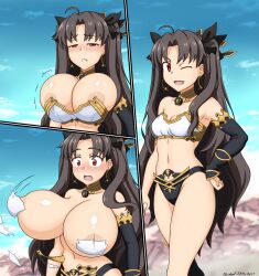 1girls abridged-satoko breast_expansion breasts brown_hair deity fate/grand_order fate_(series) female goddess huge_breasts ishtar_(fate) light-skinned_female light_skin long_hair red_eyes small_breasts thick_thighs torn_clothes wardrobe_malfunction