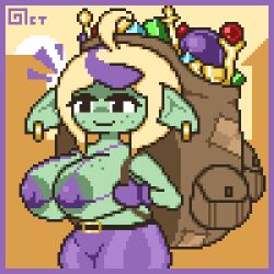 areola areolae backpack blonde_hair bra ear_piercing freckles goblin goblin_female green_skin hair_highlights hanging_breasts huge_breasts micro_bikini nipple_bulge octotron2000 pixel_art pointy_ears ring_piercing shortstack solo thick_thighs wide_hips