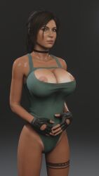 3d areolae athletic athletic_female backless_gloves bare_legs big_breasts bimbo black_gloves breasts breasts_out brown_eyes brown_hair bursting_breasts busty choker cleavage cleavage_cutout dark_hair female female_focus female_only fingerless_gloves gloves human lara_croft lara_croft_(survivor) large_breasts leather_gloves leotard makeup nipple_slip nipples nose_piercing nose_ring overflowing_breasts piercing pink_nipples ponytail short_gloves smuttymcdirt solo standing tan tan_body tan_skin tattoo thigh_strap thigh_tattoo thong_leotard tomb_raider tomb_raider_(survivor) wardrobe_malfunction wide_hips