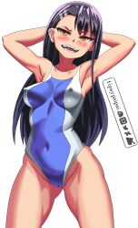 1girls black_hair blush breasts brown_eyes clothed clothing earrings fangs female female_focus female_only hayase_nagatoro hi_res highres long_hair looking_at_viewer medium_breasts navel open_mouth please_don't_bully_me,_nagatoro pose revealing_clothes simple_background solo swimsuit tan tan-skinned_female tan_body tan_skin tanned tanned_female tipsypaipai watermark white_background