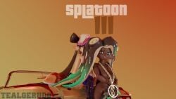 2girls 3d 3d_(artwork) big_breasts blender blender_(software) blender_cycles breasts callie_(splatoon) car chains dark-skinned_female dark_skin gradient_background gun light-skinned_female light_skin marina_(splatoon) marina_(wo262) naked naked_female nintendo no_bra no_panties nude nude_female pinup splatoon tealgerudo tentacle_hair text yuri